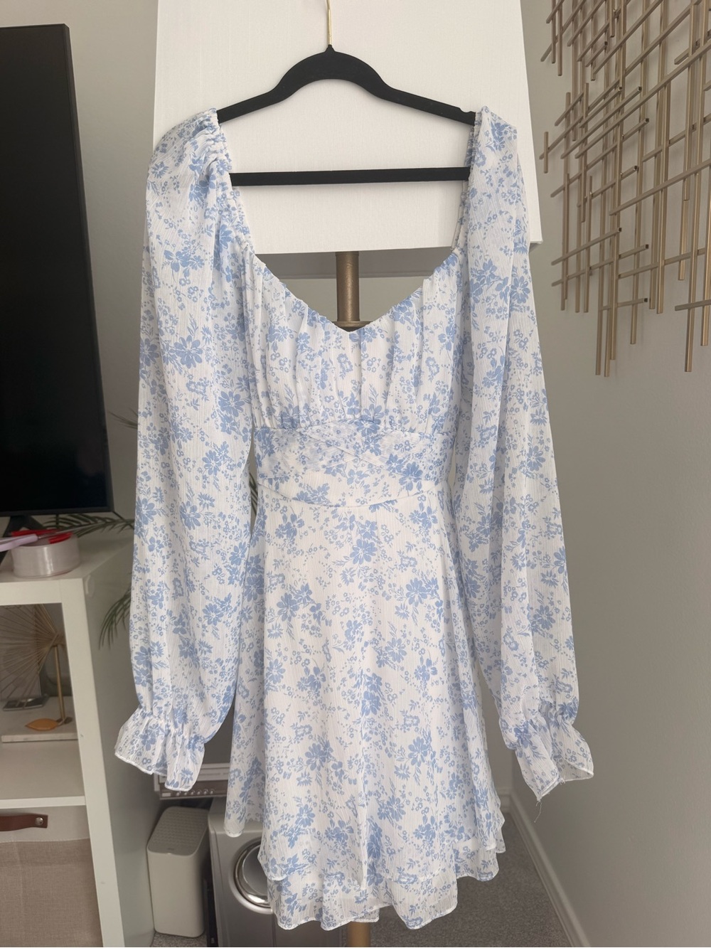Blue & White Floral Long-Sleeve Mini Dress